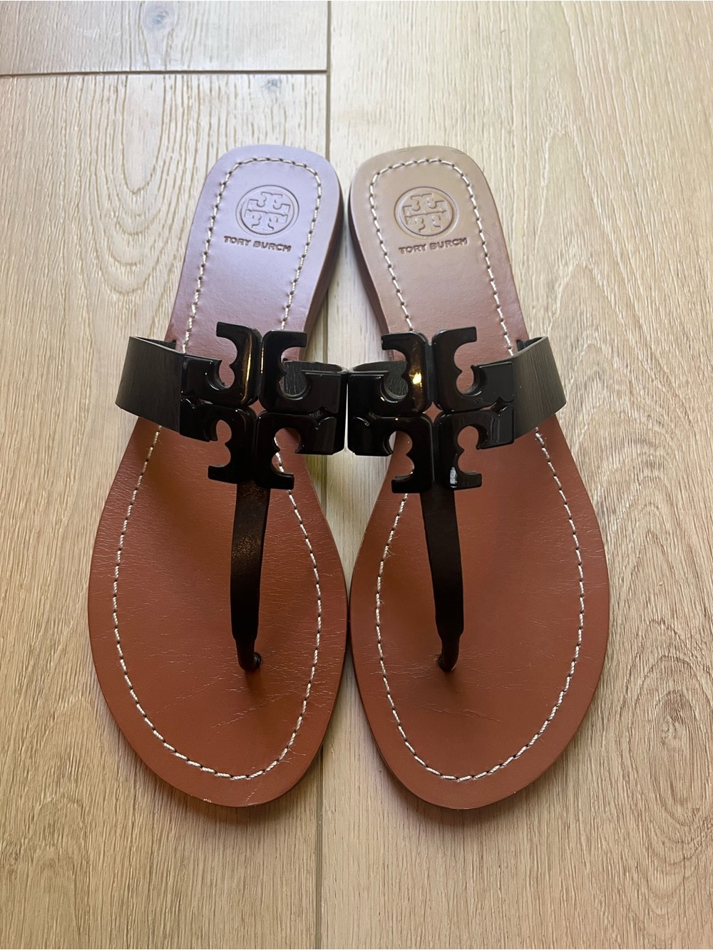Tory Burch Black Logo Miller Thong Sandals with Brown Footbed